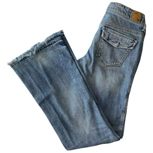 American Eagle Flare Jeans Pocket Flaps Women's Sz 2 (28x30) Stretch Distressed - Picture 3 of 11